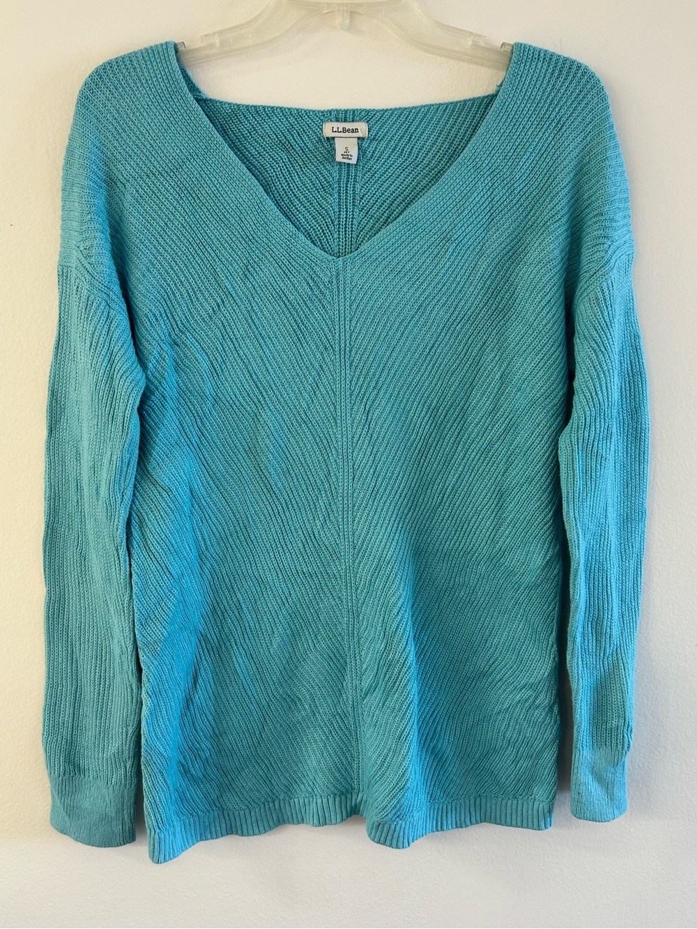 LL Bean Blue Deep V-Neck Shaker Knit Sweater Top Drop Shoulder - Small Petite
